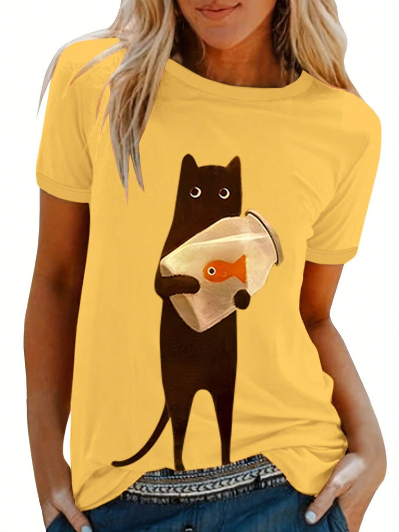 Camiseta de manga corta estampada con patron de gato de verano para uso casual