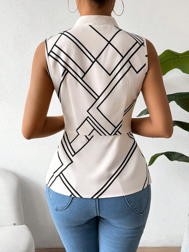 Prive Camisa casual de verano sin mangas para mujer con escote en V y estampado geometrico, top de cintura envuelta con volantes