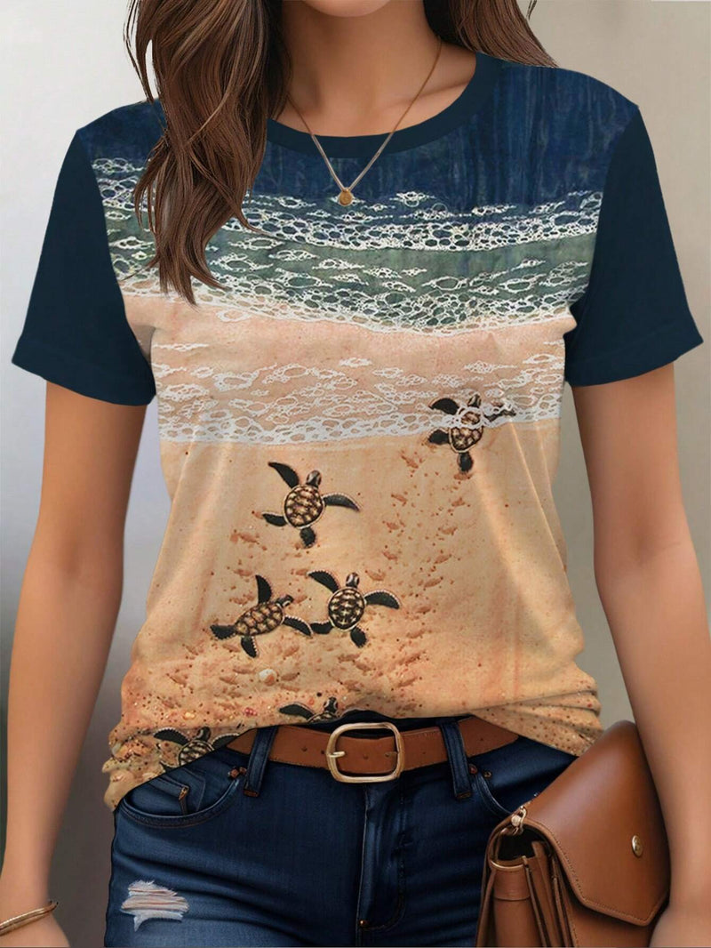 Camiseta de mujer de verano casual de cuello redondo de manga corta con estampado de tortuga