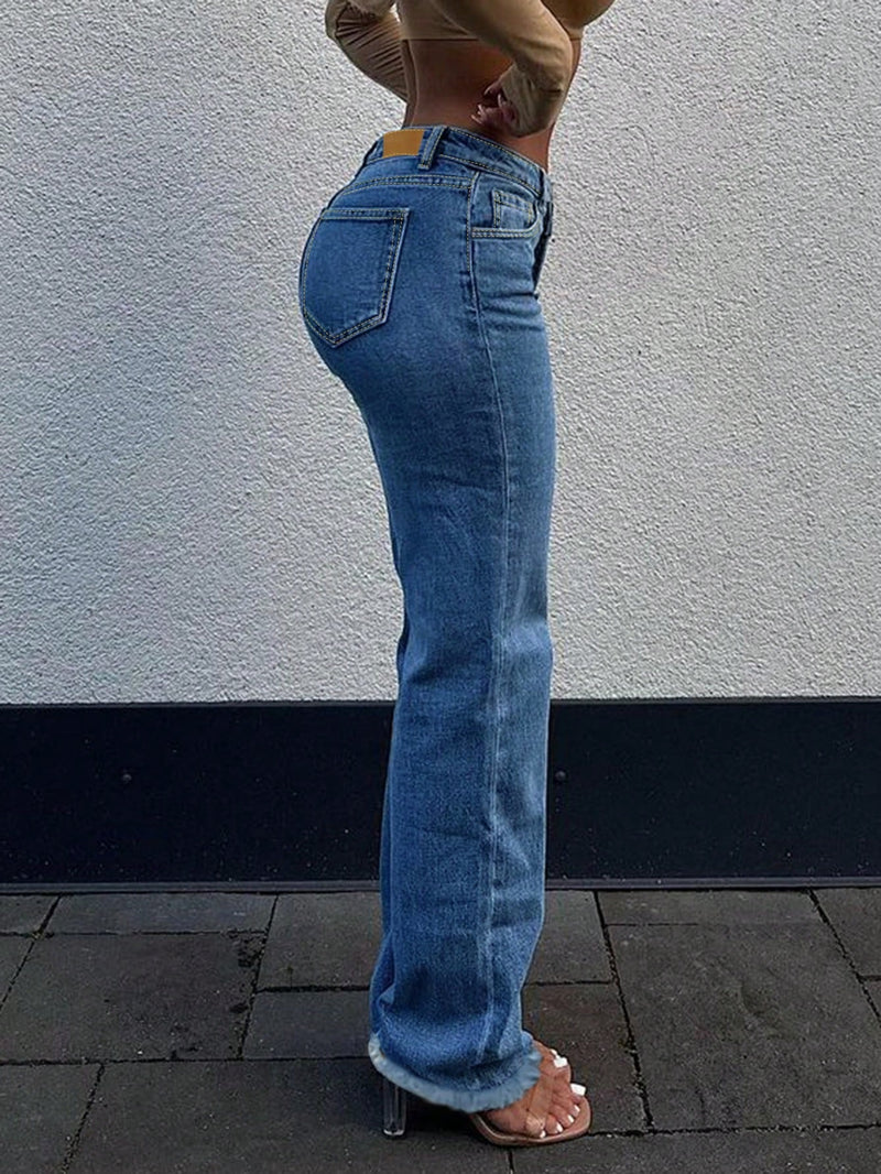 Pantalones Jeans De Pernera Recta Con Dobladillo Sin Rematar Y Cintura Asimetrica