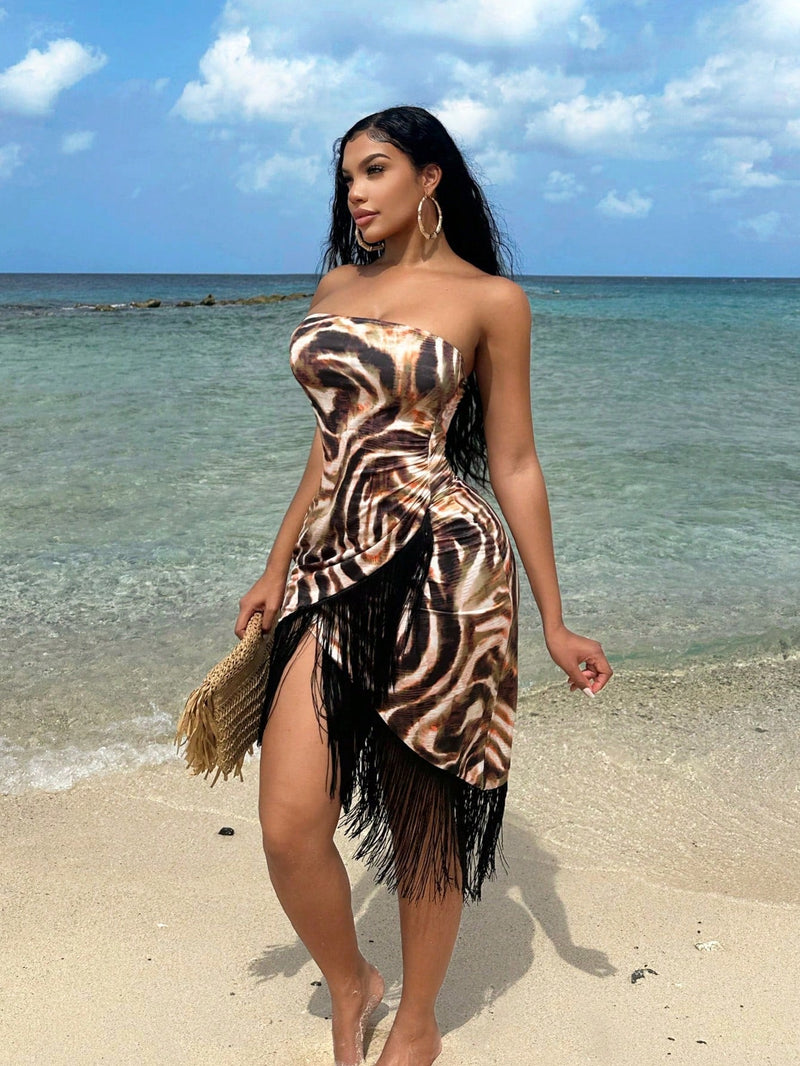 Sxy vestido de tubo sin tirantes de playa con flecos y estampado bohemio para mujeres en verano