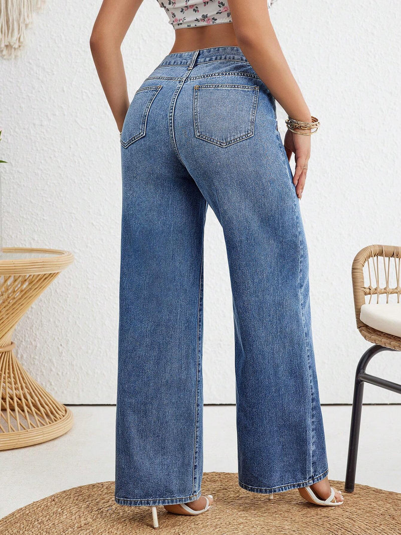 X SAMADHI  VCAY Jeans casuales de pierna recta para mujer con cintura alta y ajuste holgado lavado