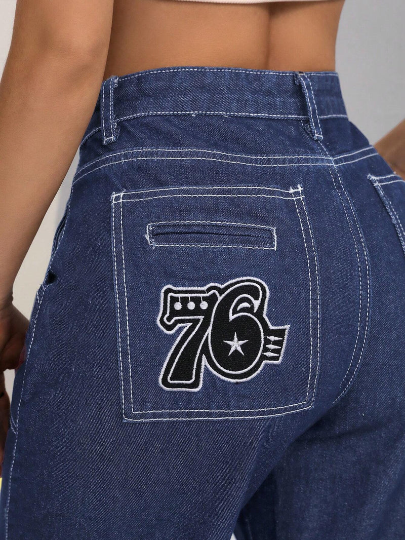 EZwear Jeans rectos versatiles para mujer con diseno de impresion digital en los bolsillos