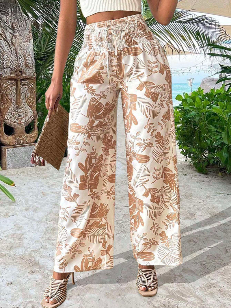 Slayr Pantalones De Pierna Ancha De Cintura Alta Para Mujer Con Estampado De Plantas Tropicales