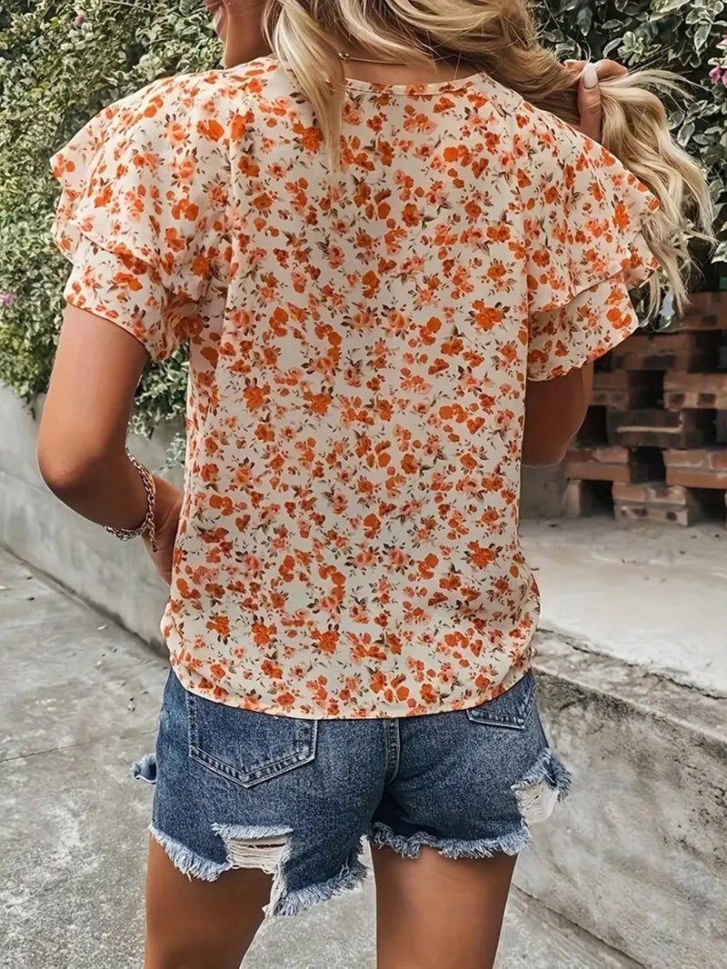 LUNE Camisa informal de verano para vacaciones con mangas de hojas de loto y cuello redondo para mujer con estampado floral