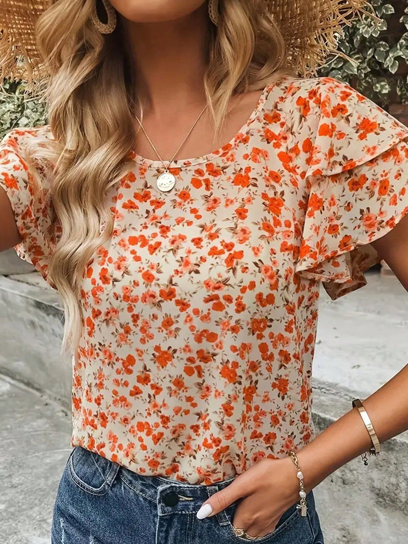 LUNE Camisa informal de verano para vacaciones con mangas de hojas de loto y cuello redondo para mujer con estampado floral