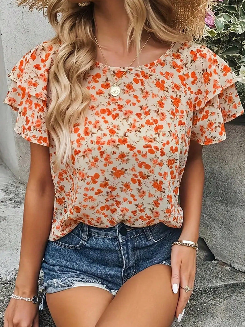 LUNE Camisa informal de verano para vacaciones con mangas de hojas de loto y cuello redondo para mujer con estampado floral