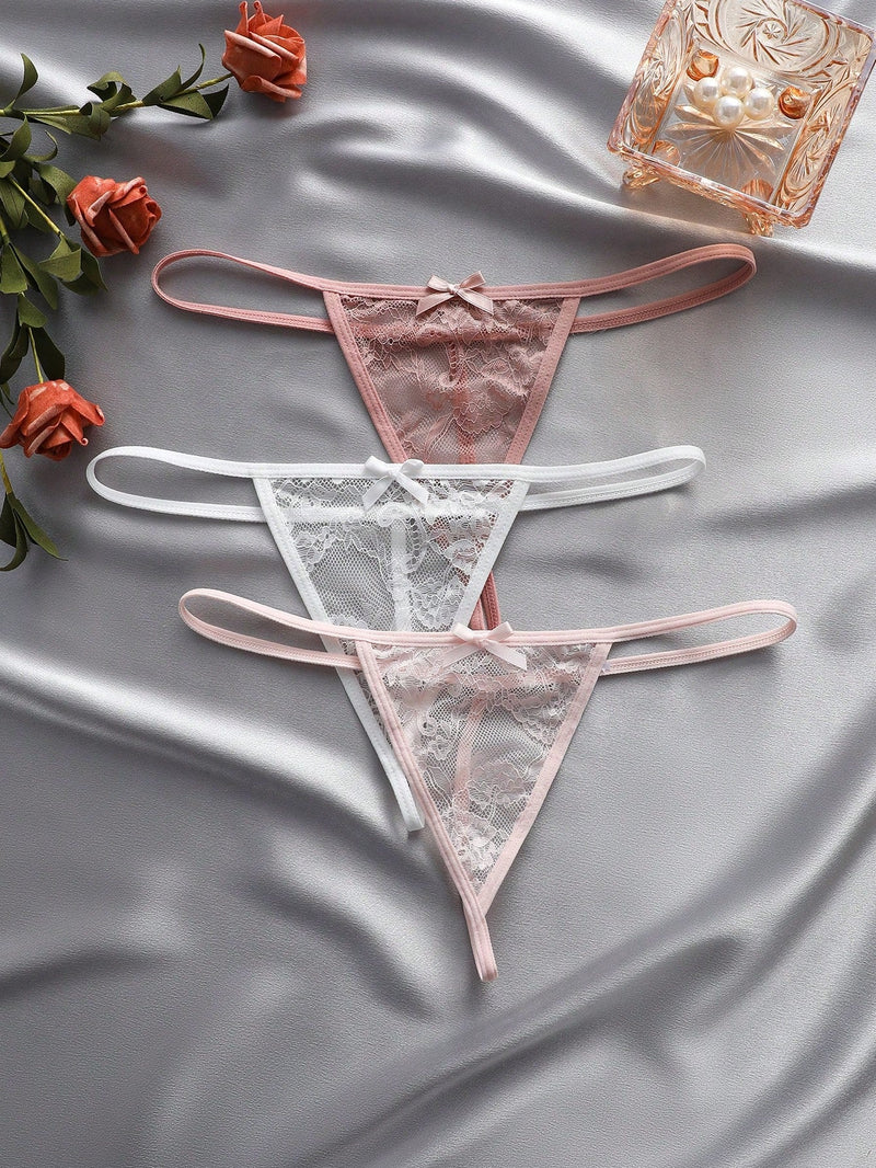 Set de 3 piezas de pantis de encaje transparente con diseno de lazo sexy para mujer