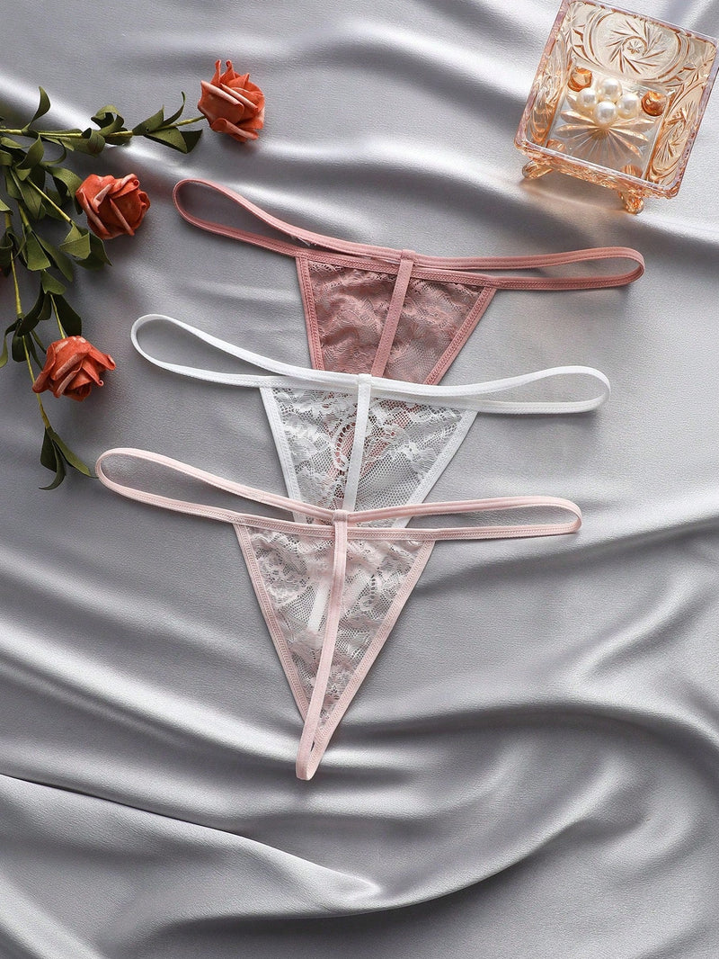 Set de 3 piezas de pantis de encaje transparente con diseno de lazo sexy para mujer