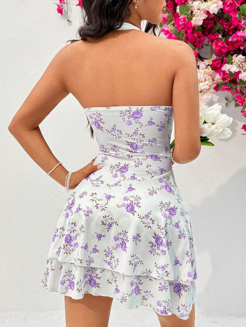 Wywh vestido estilo vacaciones con estampado floral y cuello drapeado