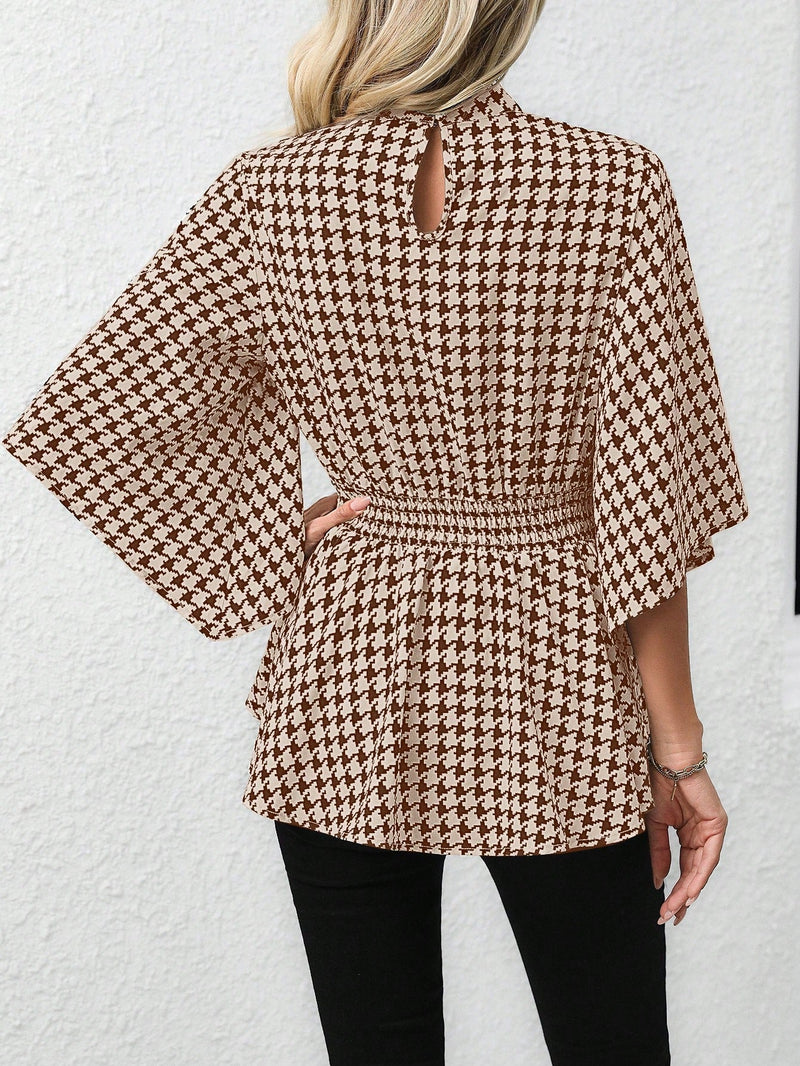 Clasi Camisa de cuadros para mujer con cuello alto y mangas acampanadas con lazo en la cintura, para la temporada primavera/verano con estilo peplum