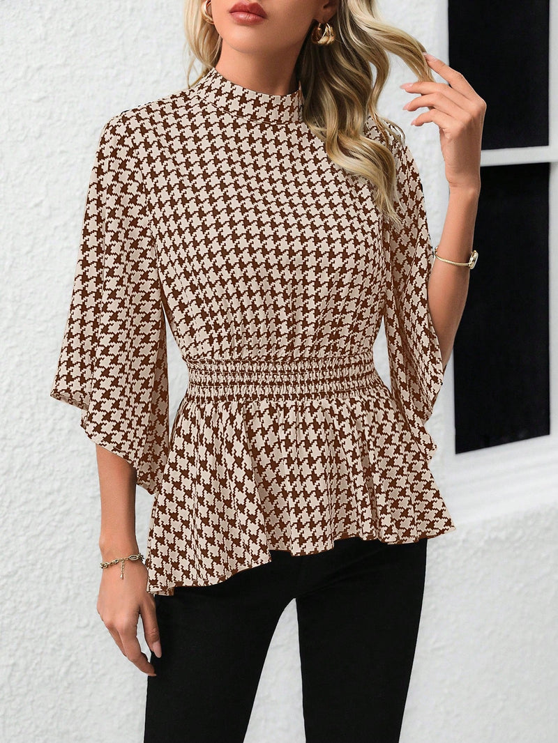 Clasi Camisa de cuadros para mujer con cuello alto y mangas acampanadas con lazo en la cintura, para la temporada primavera/verano con estilo peplum