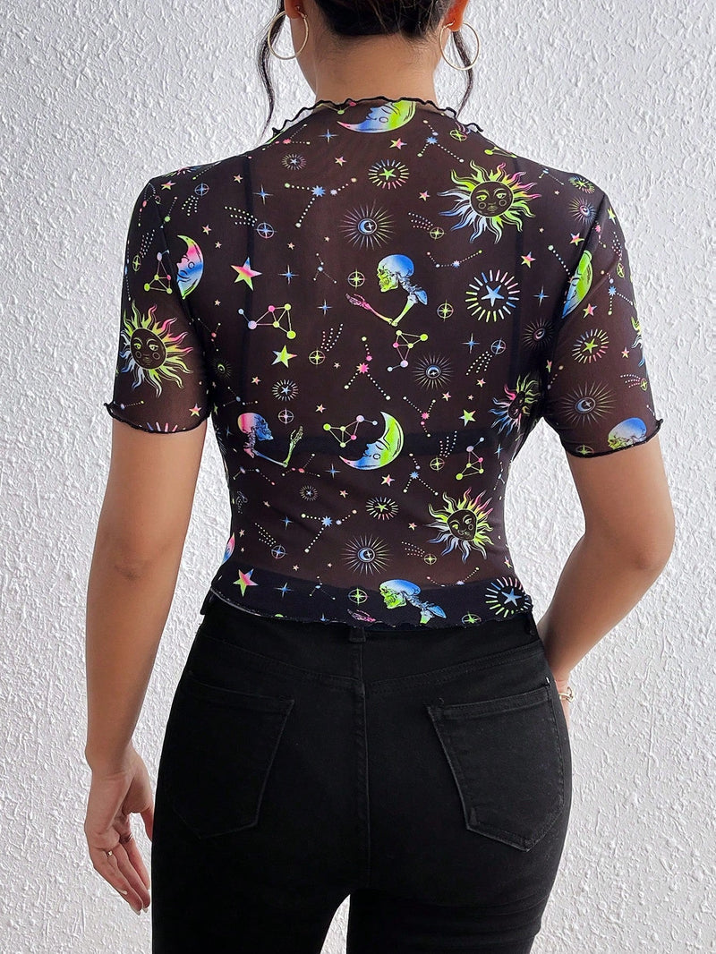 Essnce Top de malla neon con estampado de sol y luna luminoso para mujeres, casual y adecuado para festivales de musica