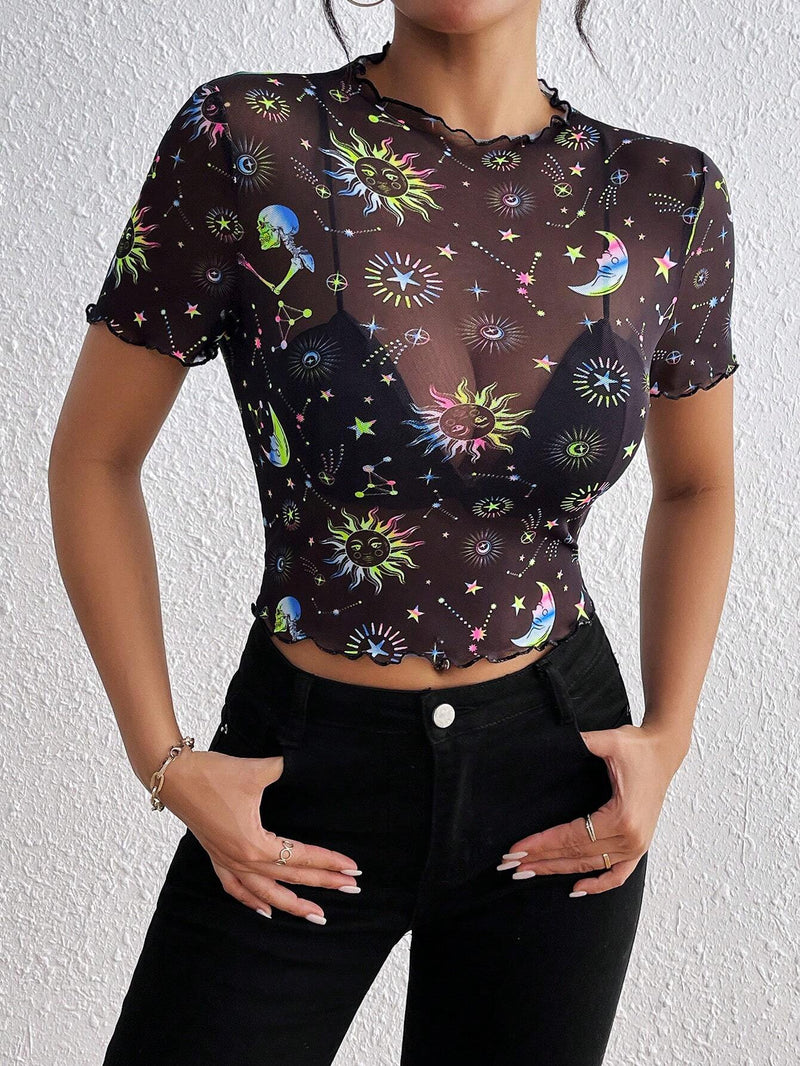 Essnce Top de malla neon con estampado de sol y luna luminoso para mujeres, casual y adecuado para festivales de musica