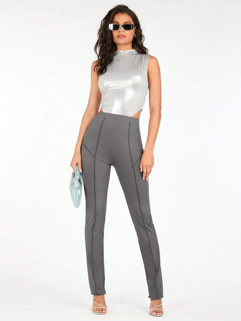 BAE Pantalones ajustados de color gris solido con cintura elastica y dobladillo estrecho para atuendos casuales de verano, de calle y de festivales de musica