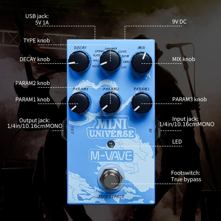 Pedal de Reverb para Guitarra Eléctrica Versátil con Modelado de Sonido Digital - Alimentado por USB, Controles Fáciles de Usar, No Requiere Batería
