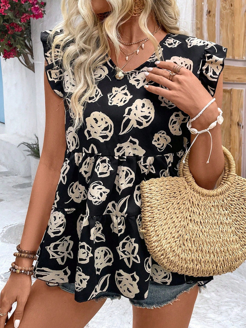 VCAY Blusa De Cuello Redondo Con Estampado Floral Y Dobladillo Con Volantes