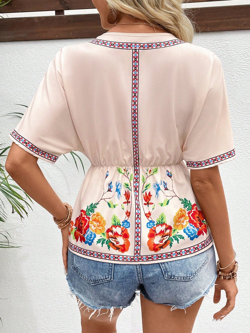 VCAY Camisa de verano de moda para mujeres con cinturon floral impreso en la cintura