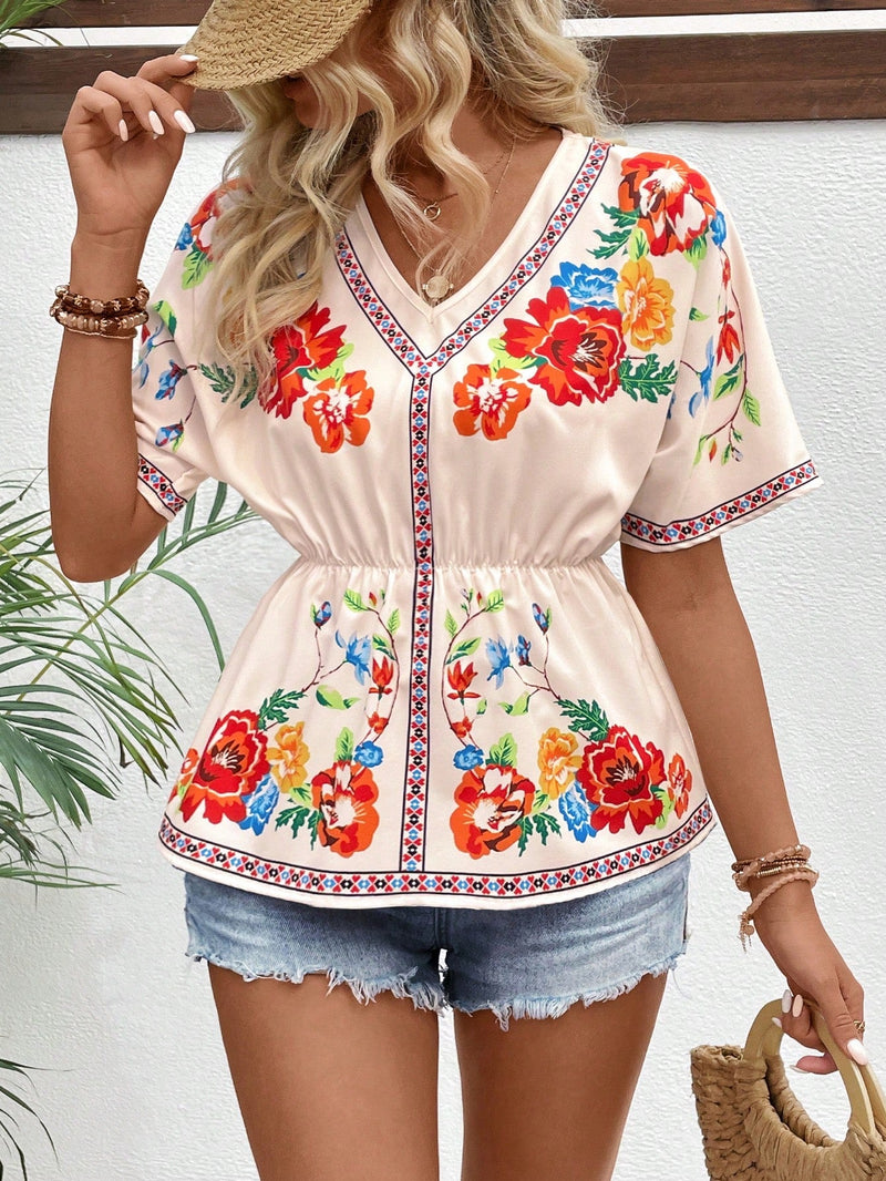 VCAY Camisa de verano de moda para mujeres con cinturon floral impreso en la cintura