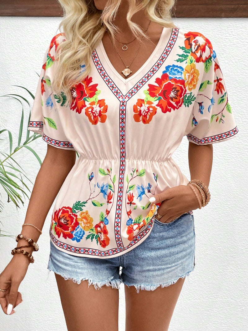 VCAY Camisa de verano de moda para mujeres con cinturon floral impreso en la cintura