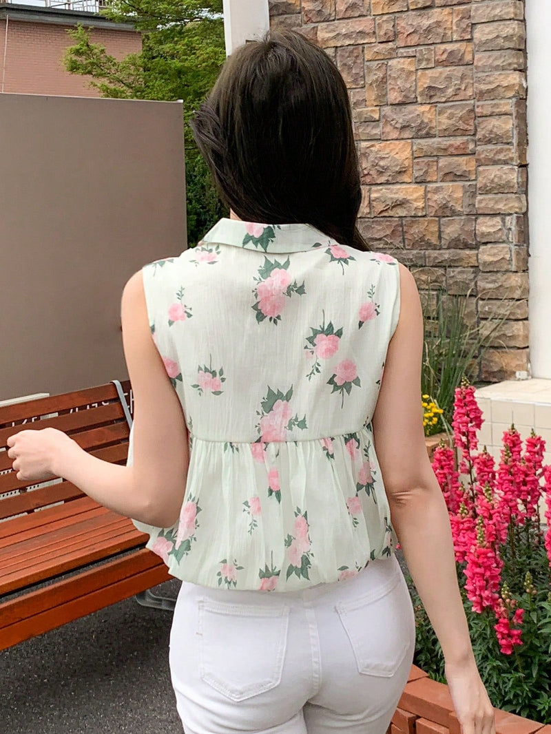 Camisa corta sin mangas con estampado floral para vacaciones con solapa