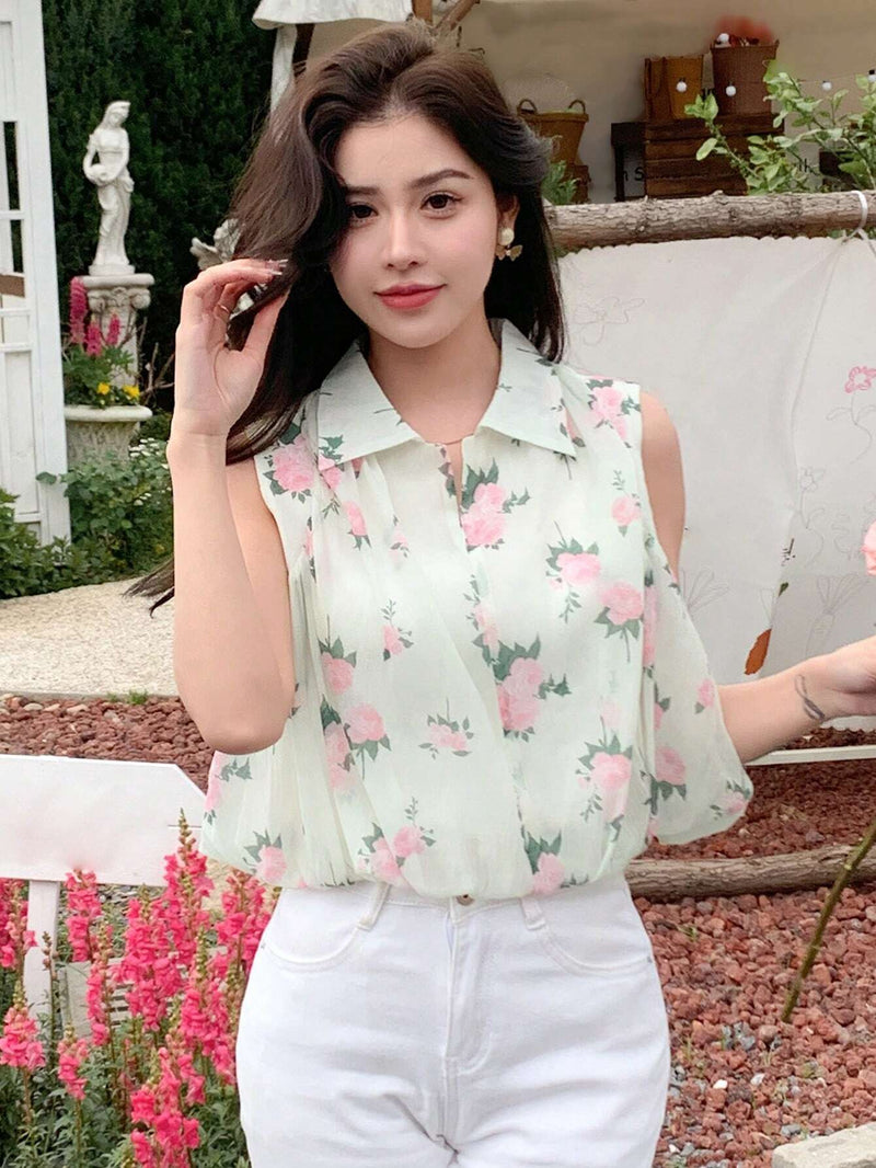 Camisa corta sin mangas con estampado floral para vacaciones con solapa