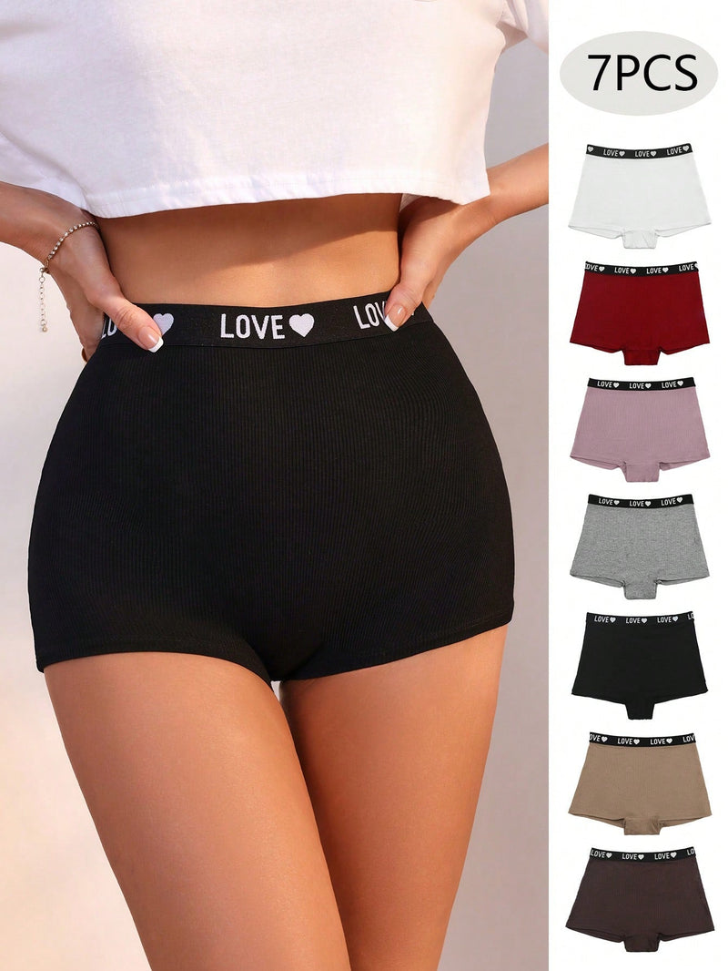 Conjunto de 7 piezas de pantaloncillos de boxeadora de cintura alta impresos con letras para mujeres