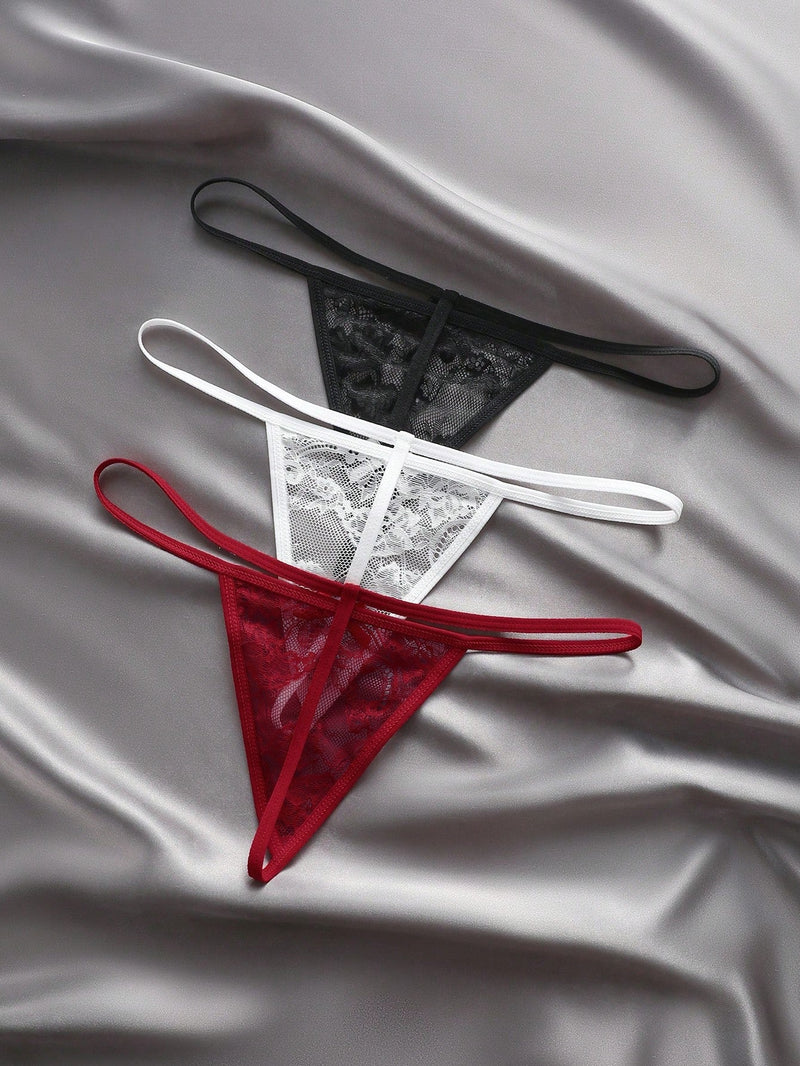 Set de 3 piezas de pantis de encaje transparente con diseno de lazo sexy para mujer