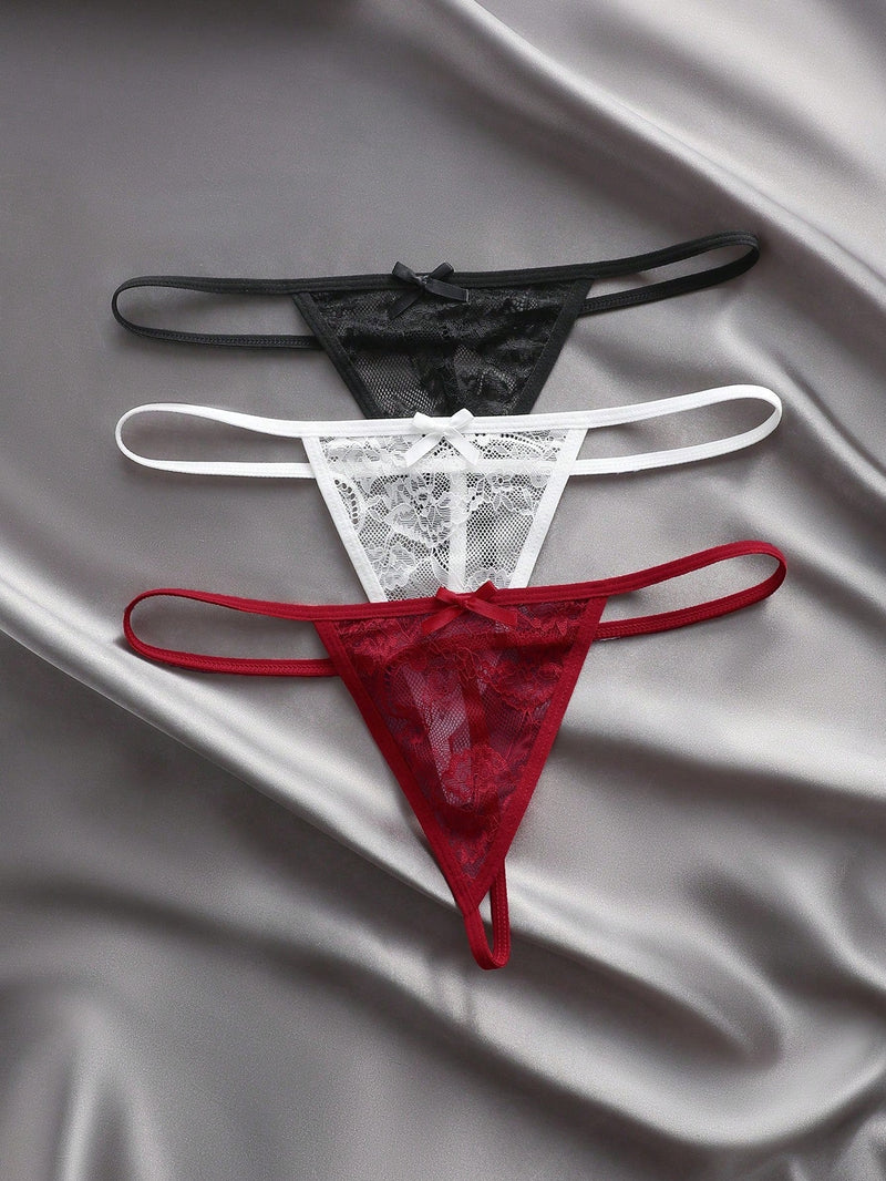 Set de 3 piezas de pantis de encaje transparente con diseno de lazo sexy para mujer