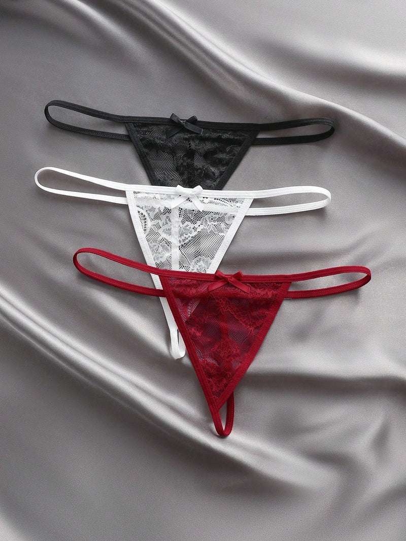 Set de 3 piezas de pantis de encaje transparente con diseno de lazo sexy para mujer