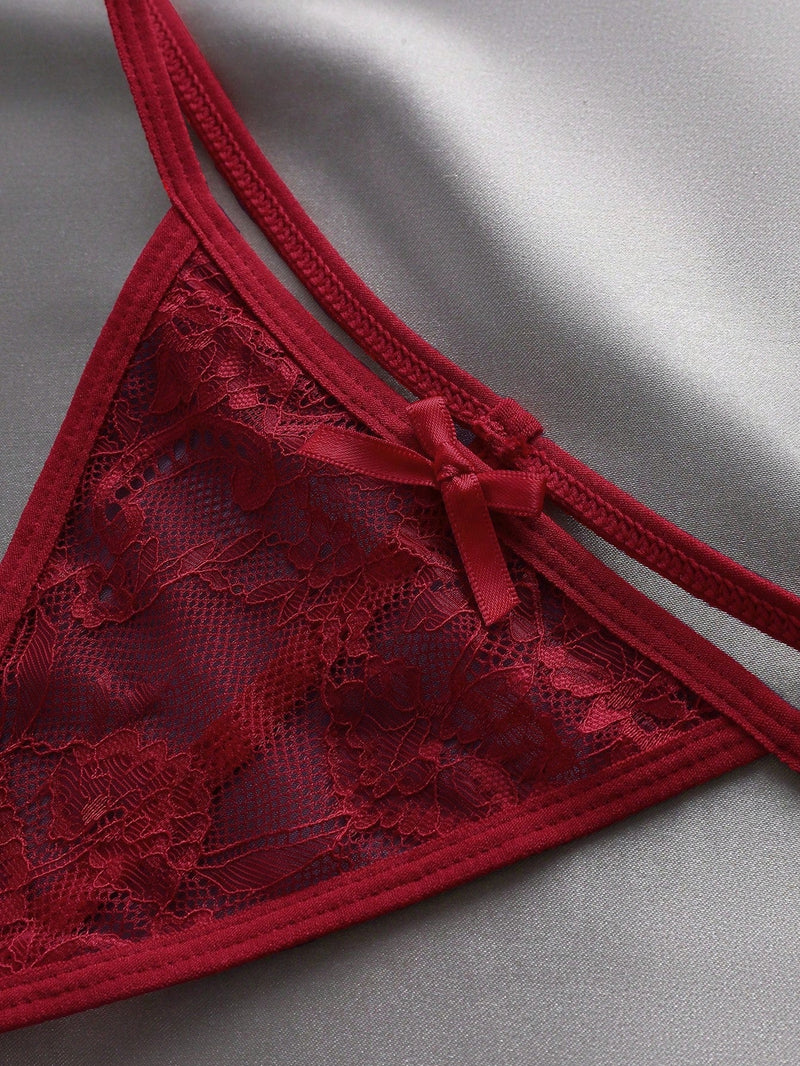 Set de 3 piezas de pantis de encaje transparente con diseno de lazo sexy para mujer