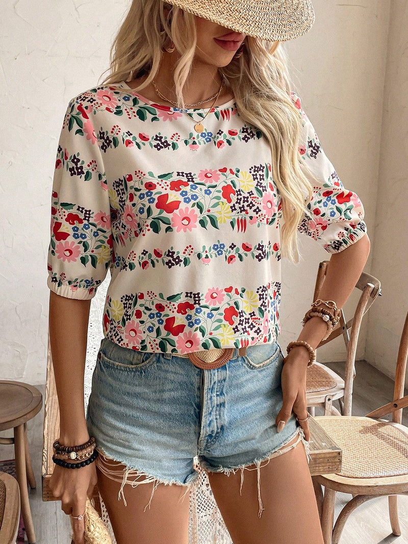 VCAY Camisa de manga corta con estampado floral para vacaciones