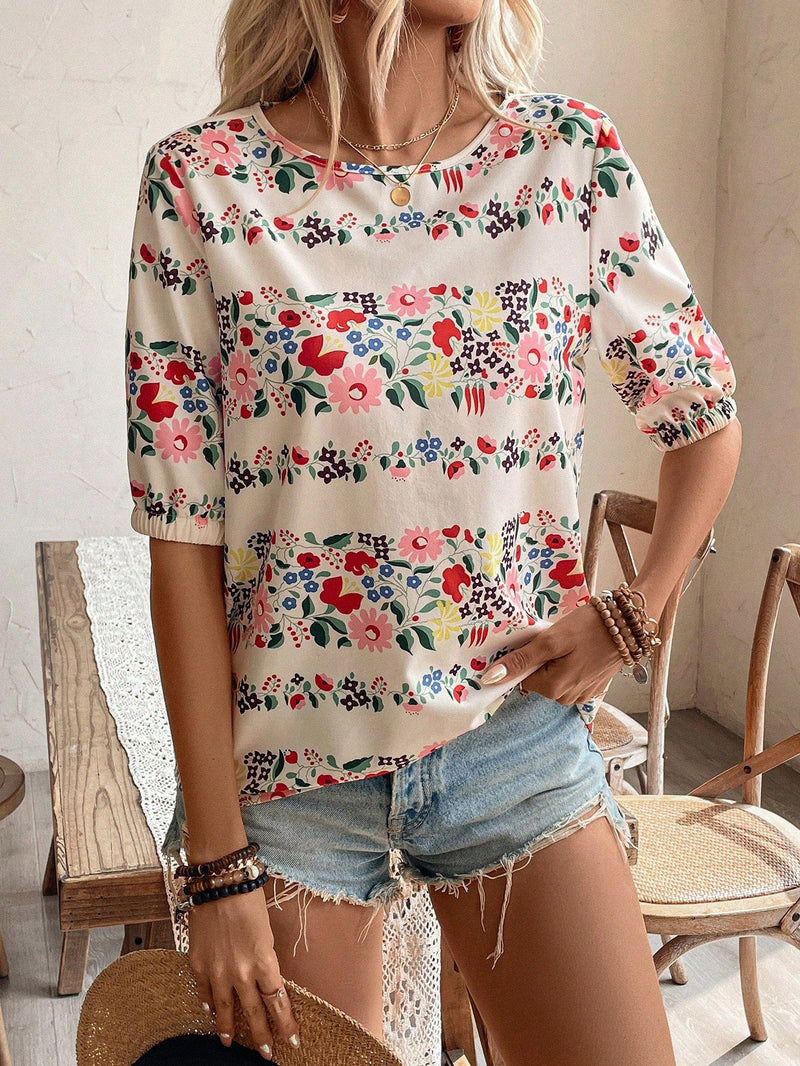 VCAY Camisa de manga corta con estampado floral para vacaciones