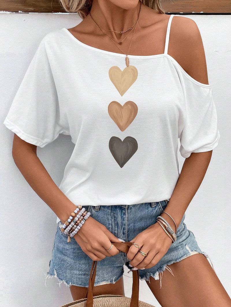 Camiseta de mujer informal y sencilla con patron de corazon de manga corta y holgada adecuada para el verano del amor