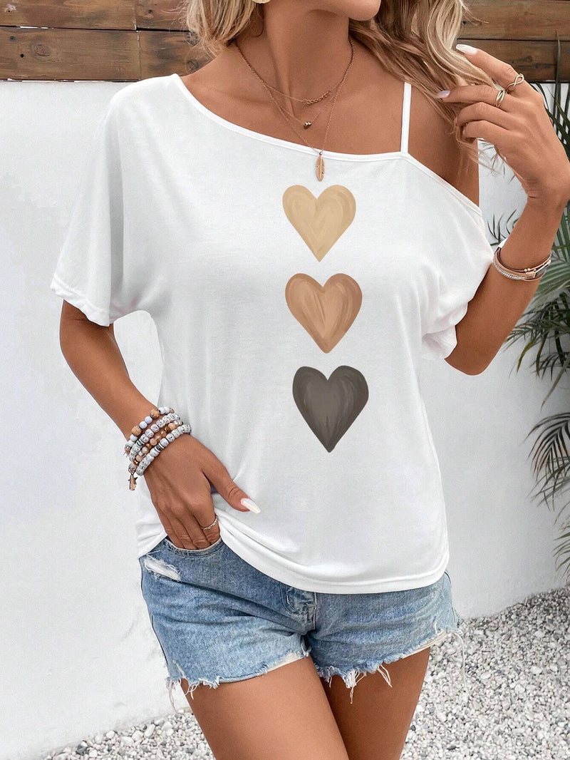 Camiseta de mujer informal y sencilla con patron de corazon de manga corta y holgada adecuada para el verano del amor