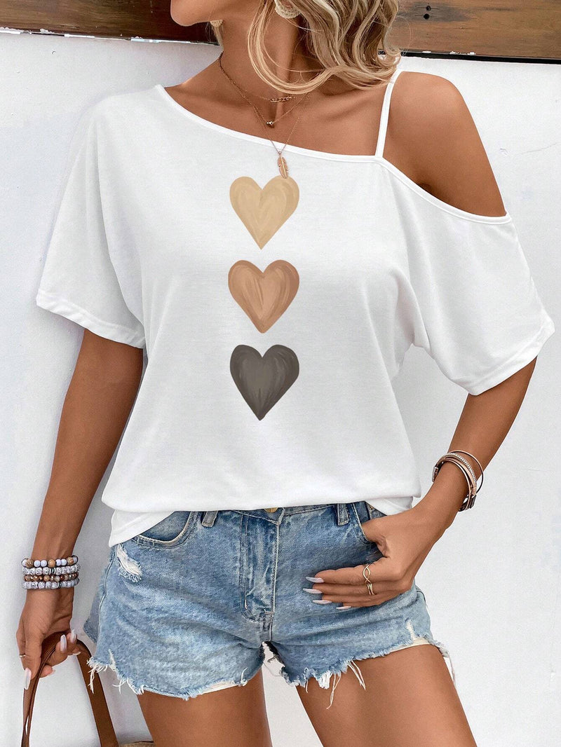 Camiseta de mujer informal y sencilla con patron de corazon de manga corta y holgada adecuada para el verano del amor