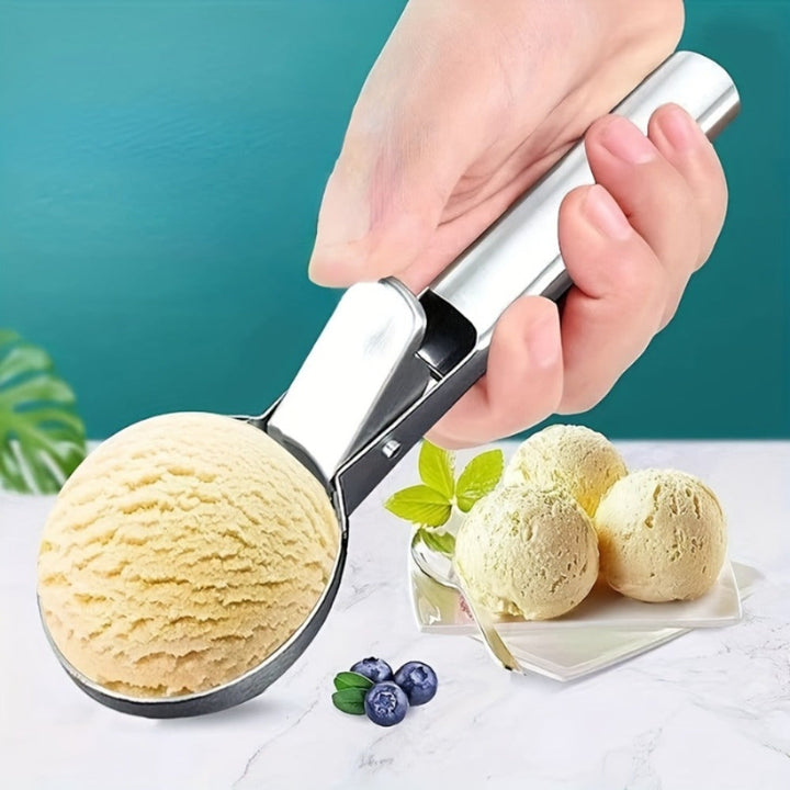 Cucharilla de helado de acero inoxidable premium con gatillo - Cuchara de postre de metal resistente para yogur congelado, gelatos y helados - Accesorio de cocina apto para lavavajillas