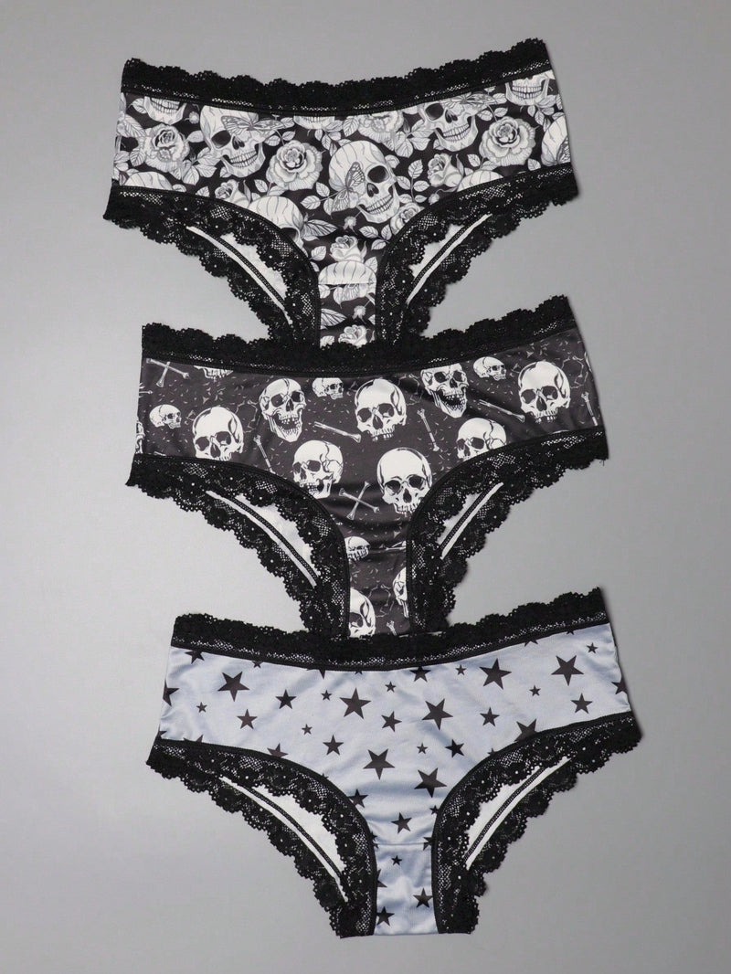 3 Piezas Lenceria De Goth Con Contraste De Encaje Hipster Panties, Prendas De Ropa Interior De Calaveras Con Estrellas Para Halloween, Lenceria Y Ropa Interior De Mujer