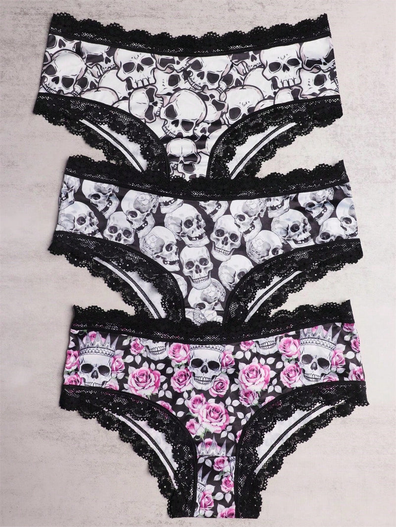 3 Piezas Bragas Hipster De Encaje En Contraste, Bragas Intimas Con Estampado De Calavera De Halloween, Ropa Interior Y Lenceria Para Mujer