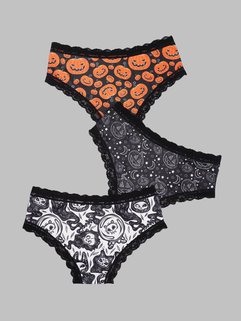 3 piezas de bragas sexys y goticas para mujeres con encaje de contraste, con estampado de calaveras, ojos, estrellas y Jack-O-Lanterns para Halloween, ropa interior y lenceria para mujeres y damas