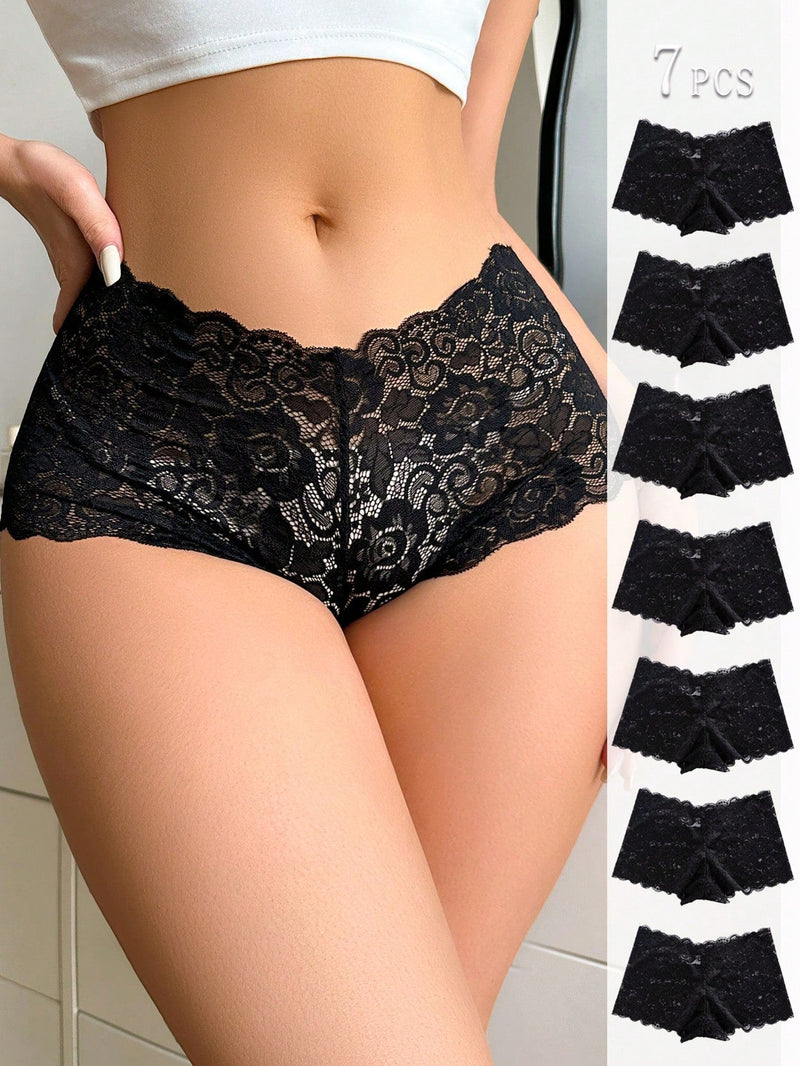 Mujeres Bragas de cobertura completa, paquete de 7 elegantes y sexys calzoncillos con detalles de encaje en negro