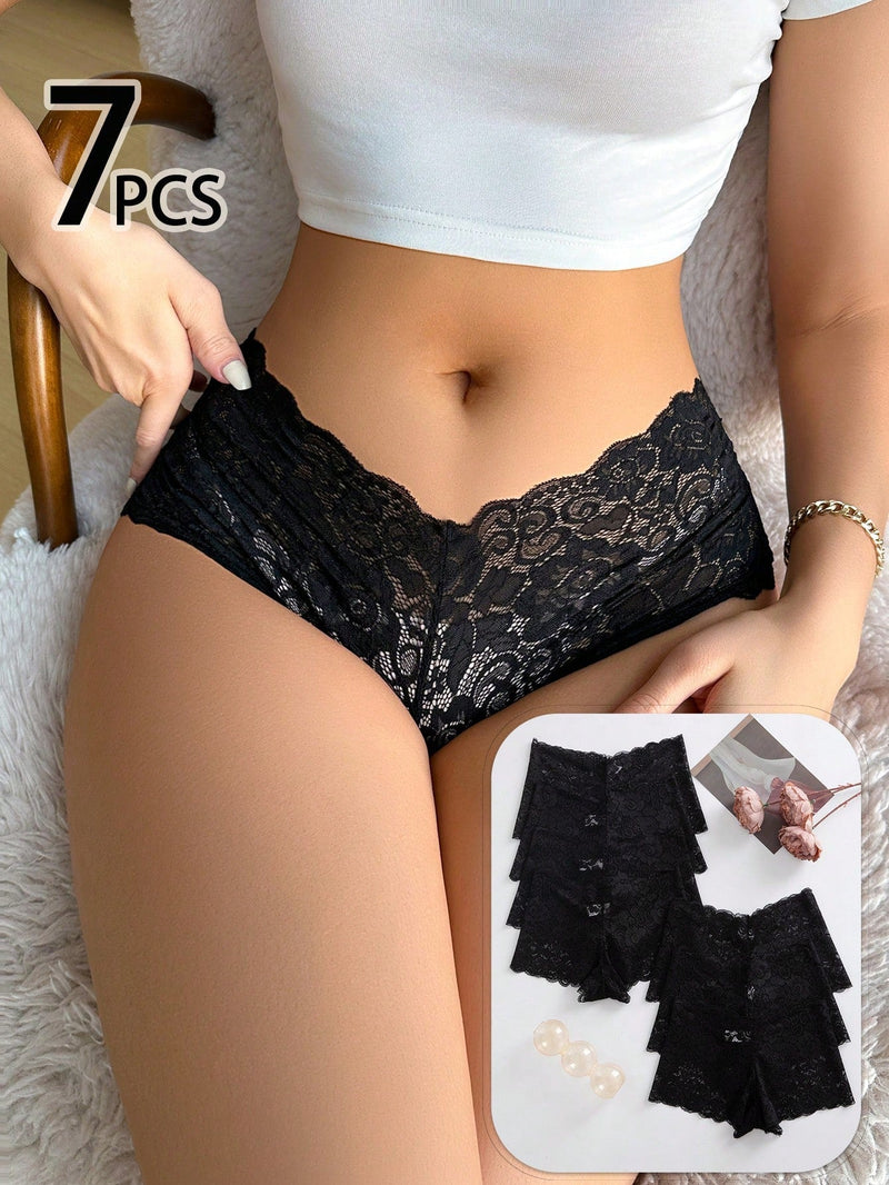 Mujeres Bragas de cobertura completa, paquete de 7 elegantes y sexys calzoncillos con detalles de encaje en negro