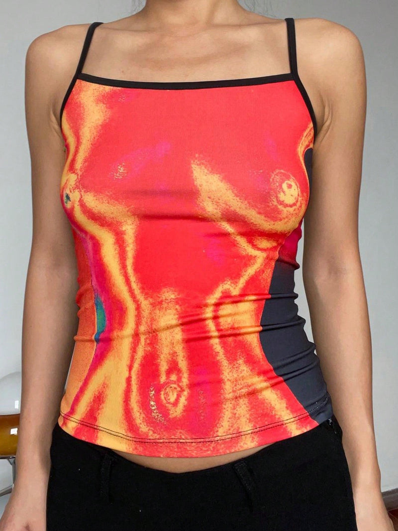 EZwear Camisola de verano ajustada al cuerpo con escote cuadrado y estampado de bloques de color de cuerpo humano