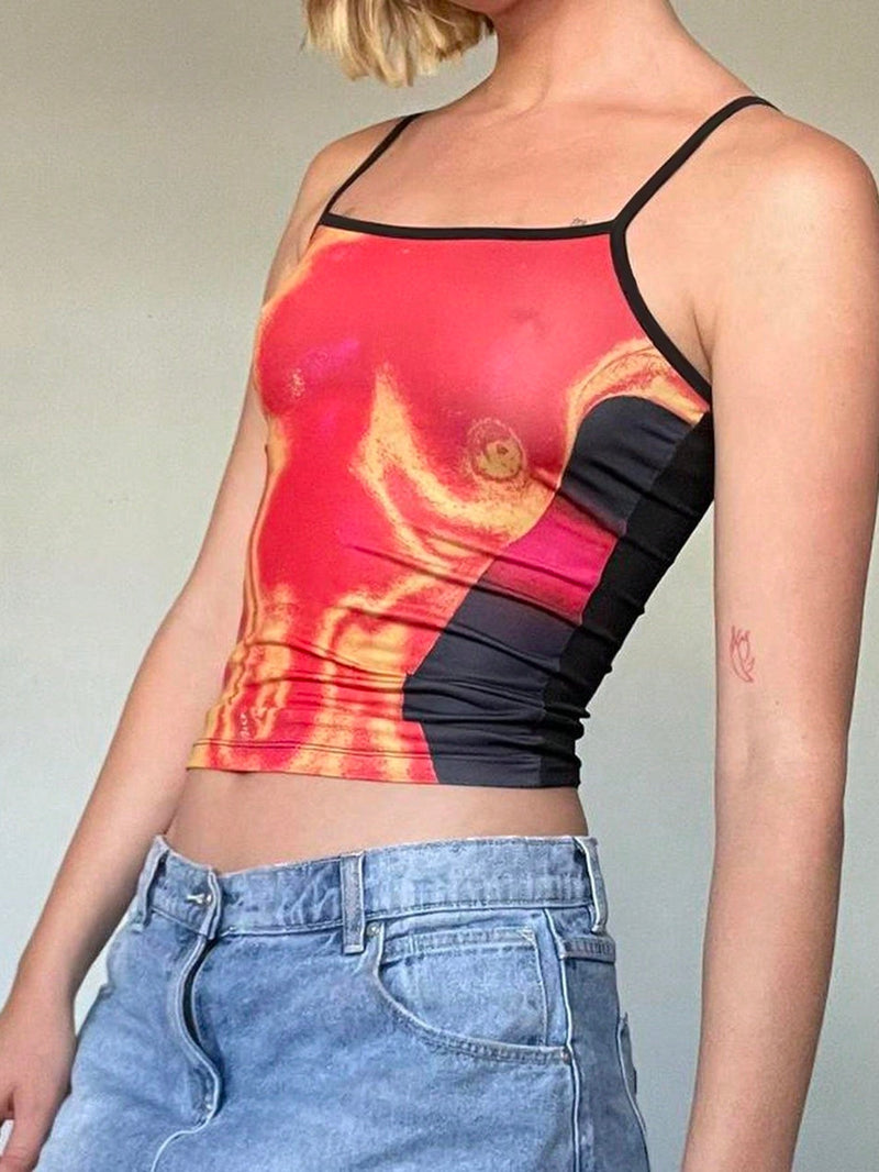 EZwear Camisola de verano ajustada al cuerpo con escote cuadrado y estampado de bloques de color de cuerpo humano