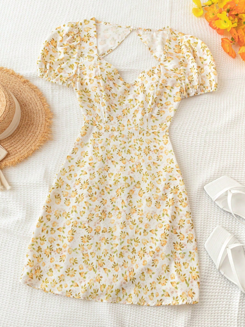 Wywh vestido mini con mangas abombadas, espalda abierta y estampado floral diminuto amarillo y blanco para vacaciones de mujer