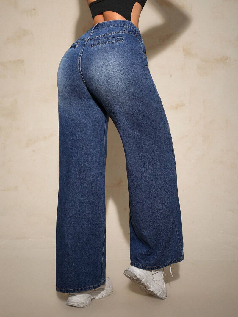 SXY Jeans casuales de pierna ancha y ajuste suelto para mujeres con bolsillos