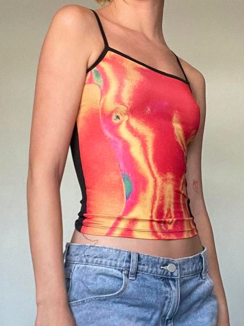 EZwear Camisola de verano ajustada al cuerpo con escote cuadrado y estampado de bloques de color de cuerpo humano