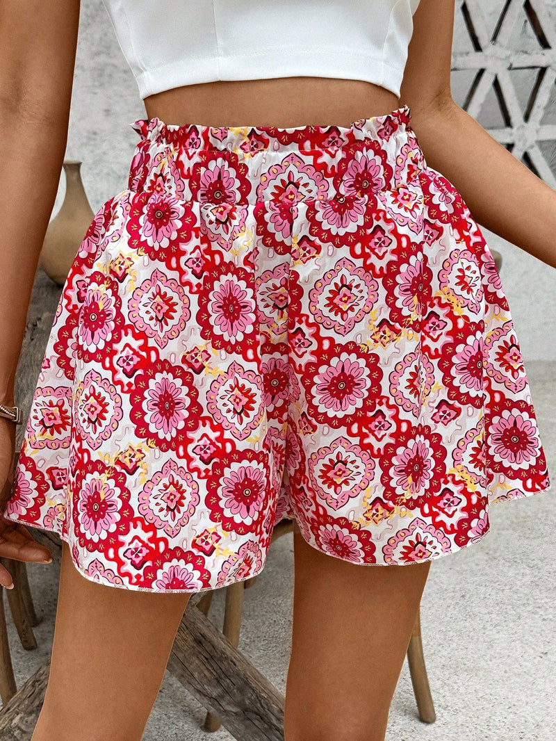 VCAY Shorts informales de estilo vacacional con estampado completo y cintura alta para Verano