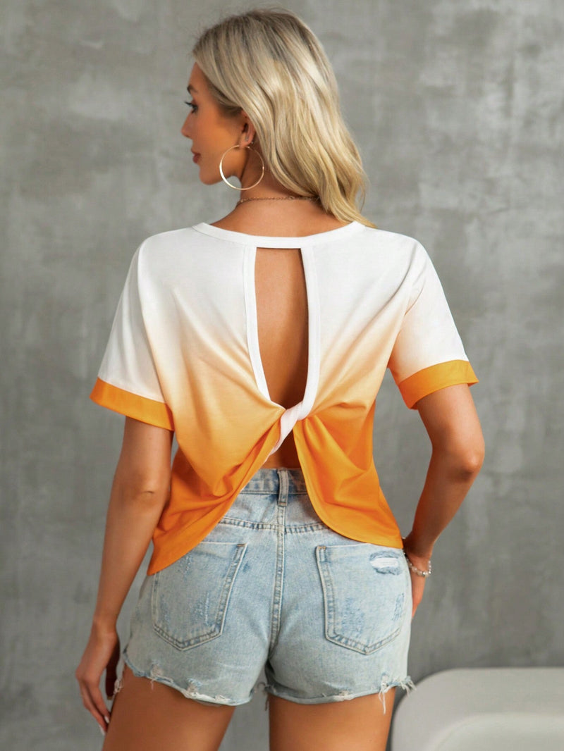 Camiseta suelta casual de verano para mujeres, naranja a blanco degradado con nudo de torsion, espalda descubierta, de a y versatil