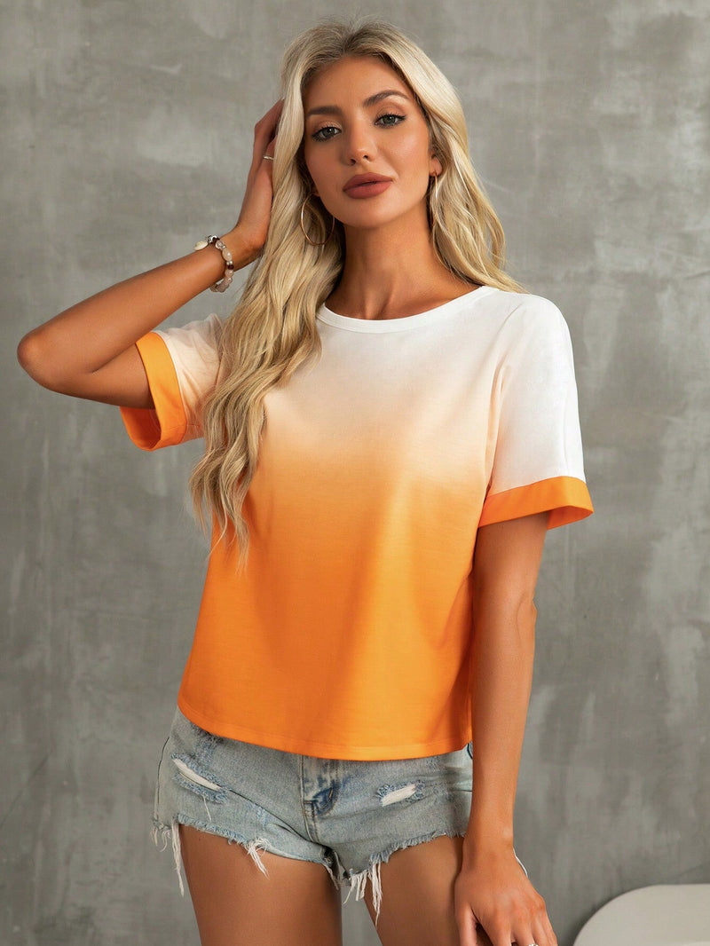 Camiseta suelta casual de verano para mujeres, naranja a blanco degradado con nudo de torsion, espalda descubierta, de a y versatil